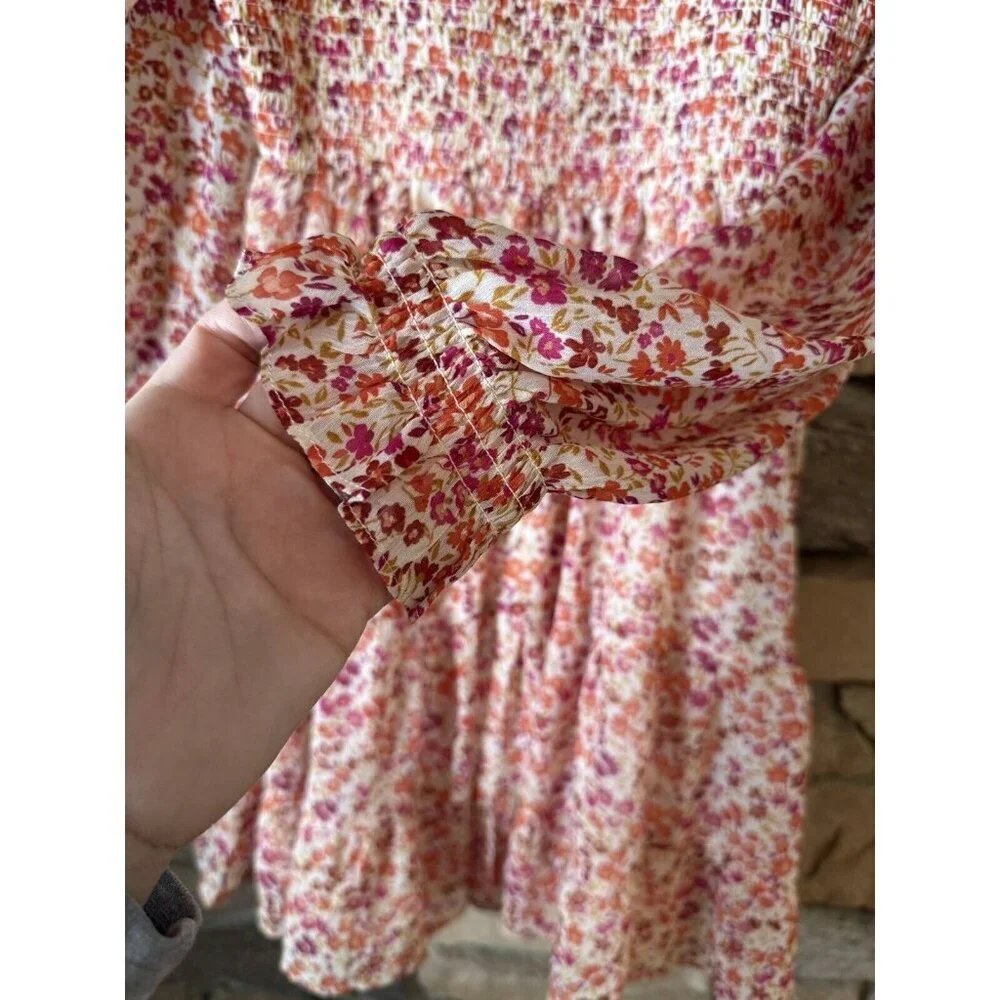 Lush Pink And Orange Floral Smocked Puff Sleeve Dress Size S - Picture 4 of 9